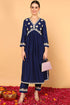 Plus Size Navy Blue Silk Blend Solid Embroidered Flared Kurta Set